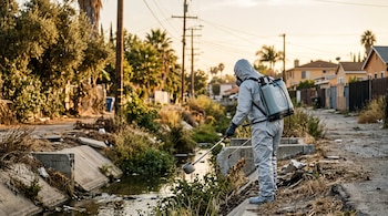 Una persona con traje de protección blanco y equipo de fumigación recolecta agua en un canal junto a una vía residencial.
