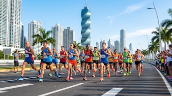 Corredores con indumentaria deportiva y números de dorsal transitan por una avenida con rascacielos al fondo.