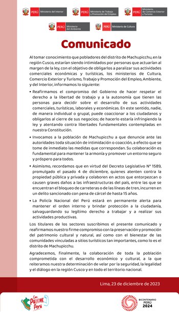 Pronunciamiento oficial del Gobierno frente