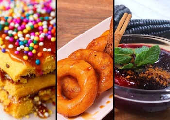 Turrón, picarones y mazamorra morada.