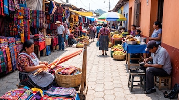 Vista de un concurrido mercado al aire libre con puestos de venta coloridos bajo toldos. Una mujer teje textiles; un hombre lustra zapatos. Cestas de frutas y productos.
