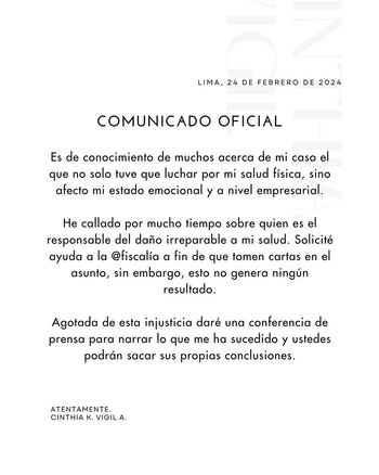 Comunicado de Cinthia Vigil. Instagram/@cinthiavigilaltacostura