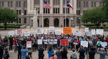 Multitud de manifestantes sosteniendo pancartas en inglés y español frente a un edificio de piedra gris con banderas de EE. UU. y Texas.