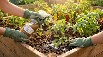 Manos con guantes verdes sostienen una botella de spray con fertilizante líquido casero, rociando una planta de tomate joven en una cama elevada de madera.