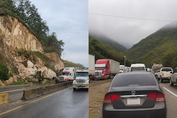 Dos fotografías compuestas con grandes rocas caídas en la vía junto a camiones y una fila de vehículos detenidos entre montañas.