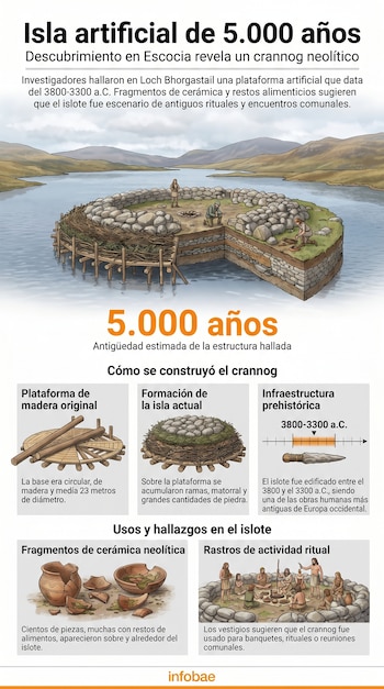 Infografía ilustrando un crannog prehistórico en un lago de Escocia, con detalles de su construcción, antigüedad, cerámica y actividades rituales.