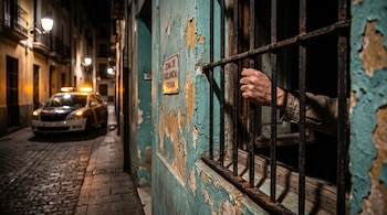 Una mano agarrada a los barrotes de una ventana en una pared azul desconchada, con un auto policial estacionado en una calle de noche.