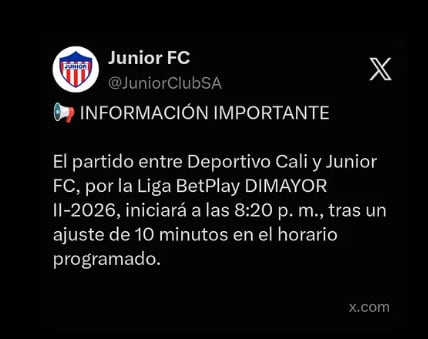 El partido entre Deportivo Cali y Junior de Barranquilla fue aplazado 10 minutos, ahora comenzará a las 8:20 p. m. - crédito Junior