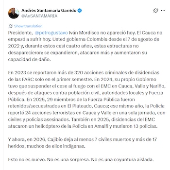 El dirigente sostuvo que el problema central es la pérdida de control del Estado en varios territorios - crédito @AnSANTAMARIA/X