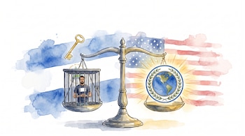 Balanza con hombre en jaula, emblema de globo terrestre con ramas de olivo, banderas de Nicaragua y Estados Unidos, y una llave dorada.