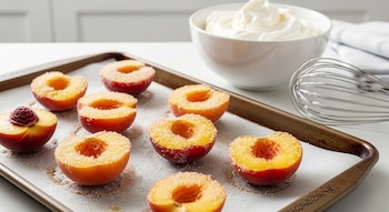 Una bandeja de horno contiene varias mitades de duraznos espolvoreados con azúcar. A un lado, un bol blanco con crema batida y un batidor de cocina de metal.