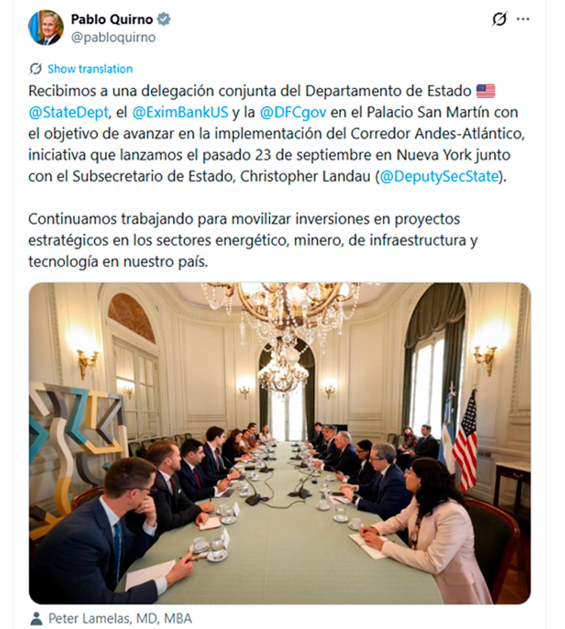 La misión de EEUU llegó al país para avanzar en el plan de inversiones Corredor Andes - Atlántico
