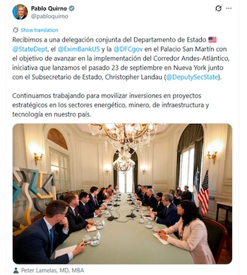 El embajador de EEUU recibió a la misión que llegó al país para avanzar en el plan de inversiones Corredor Andes - Atlántico