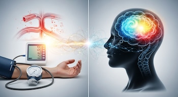 Un monitor de presión arterial digital y uno análogo junto a un brazo con brazalete; al lado, una cabeza humana y un cerebro con colores vibrantes.