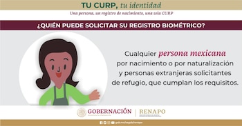 Infográfico del gobierno mexicano con un dibujo de una persona, títulos en español sobre la CURP y el registro biométrico, y logos oficiales