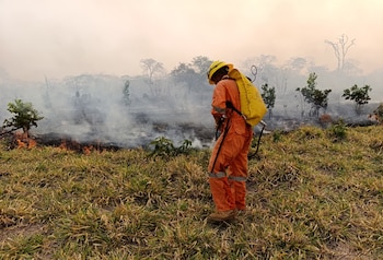 Un bombero trabaja en uno