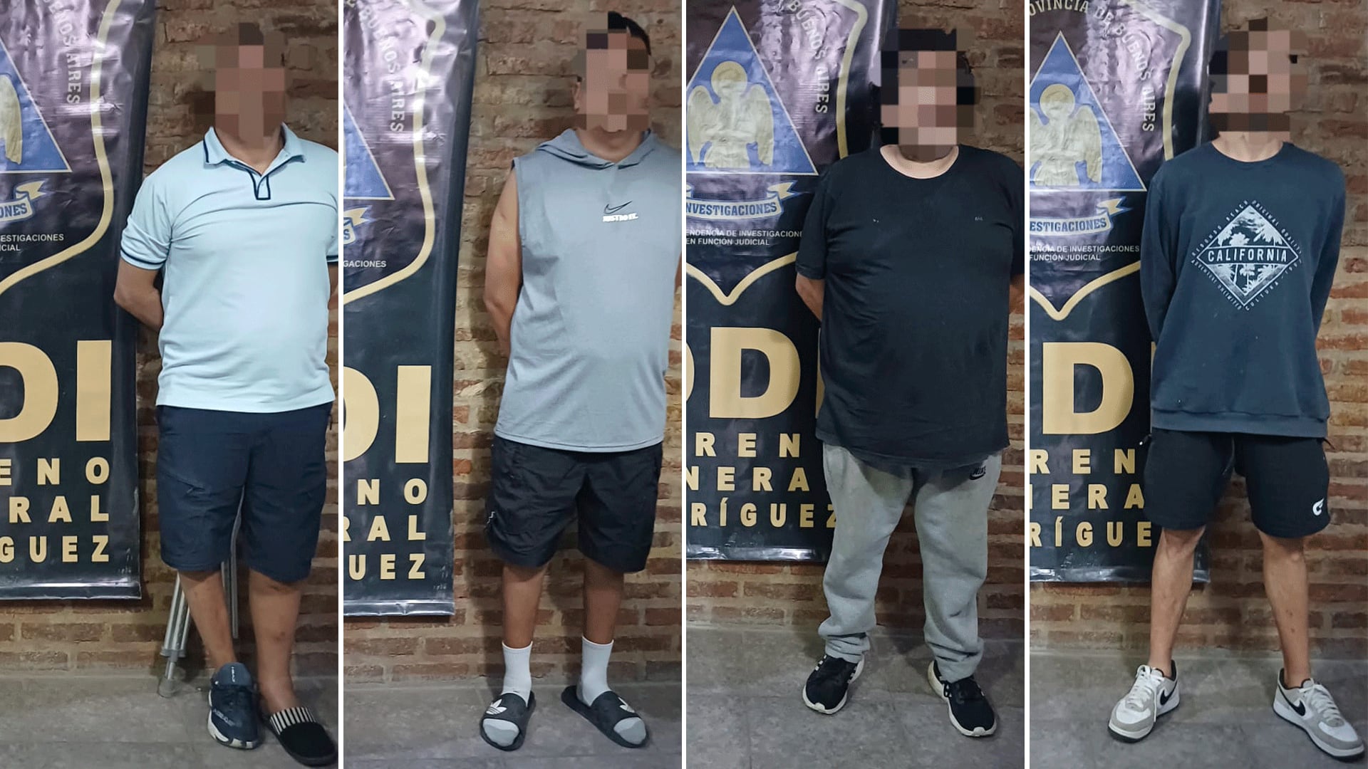 Cuatro de los detenidos, el primero es el líder y tiene sus muletas