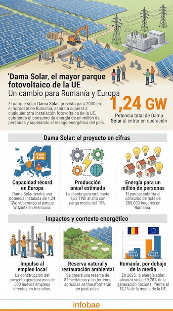 Infografía con ilustraciones de un parque solar, datos del proyecto Dama Solar en Rumanía, un mapa europeo, gráficos e íconos temáticos.