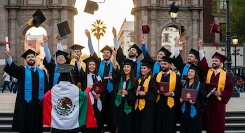 Un grupo de aproximadamente quince egresados mexicanos sonríe y lanza birretes al aire, algunos sostienen diplomas, frente a un edificio con arcos.