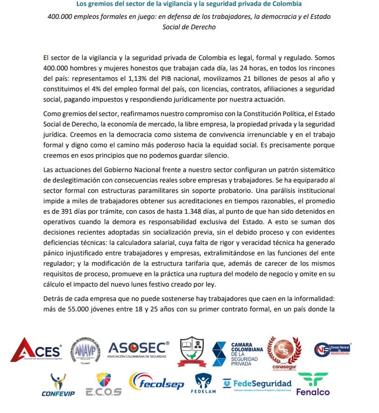 Los representantes empresariales señalaron que la herramienta carece de rigor técnico y constituyó una extralimitación del regulador, y aseguraron que su publicación desató temor en el personal y en las compañías del ramo - crédito captura de pantalla comunicado oficial