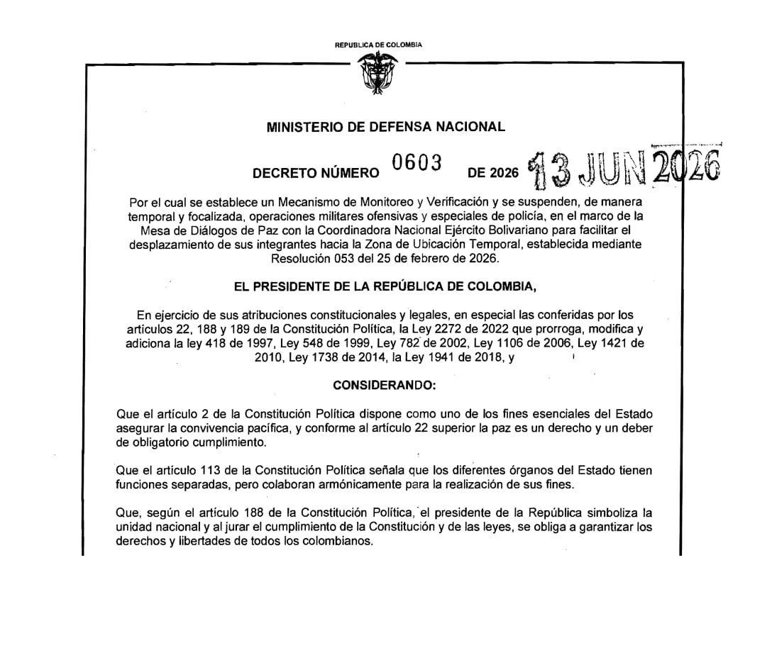 Esta es la introducción del decreto con el que se suspendieron operaciones militares en Putumayo, para facilitar el traslado de miembros del Cneb a la Zona de Ubicación Temporal - crédito suministrado a Infobae Colombia