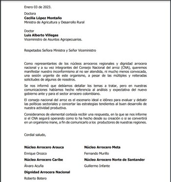 Carta de los arroceros al Ministerio de Agricultura