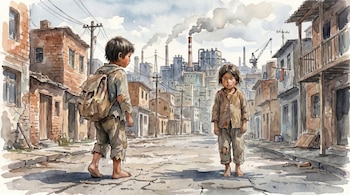 Pintura acuarela de dos niños descalzos y con ropas rotas en una calle deteriorada, con edificios viejos y fábricas humeantes en la distancia.
