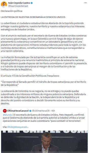 Iván Cepeda denuncia “renuncia inadmisible” a la soberanía por invitación a EE.UU. - crédito @IvanCepedaCast/X