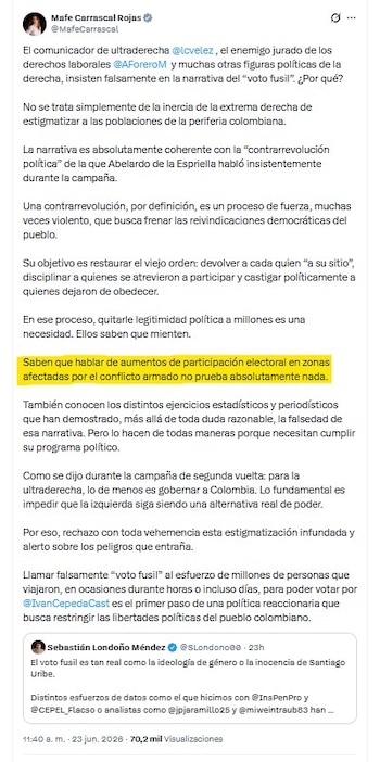 Mafe Carrascal rechazó las acusaciones de un 'voto fusil' a favor de Iván Cepeda y defendió la legitimidad del voto en regiones rurales y periféricas del país - crédito @MafeCarrascal/X