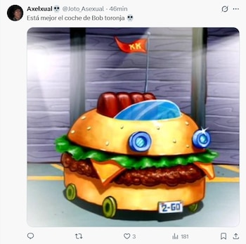 Una captura de pantalla de un meme en X que muestra el coche "Cangrejo Andante" de Bob Esponja, con forma de hamburguesa, ruedas y una bandera "KK"