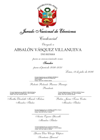 Documento oficial del Jurado Nacional de Elecciones de Perú. Credencial otorgada a Absalón Vásquez Villanueva como senador para el período 2026-2031. Incluye firmas digitales