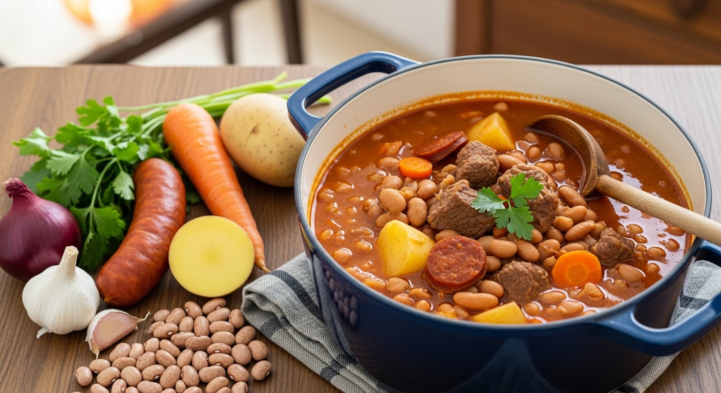 Ingredientes básicos del guiso: porotos remojados, vegetales frescos y panceta, listos para cocinar en una olla tradicional - (Imagen Ilustrativa Infobae)
