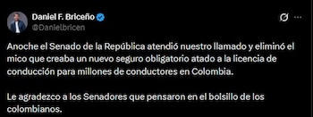 Daniel Briceño anunció en redes sociales la eliminación del artículo que proponía un seguro obligatorio adicional para conductores con licencia vigente, tras su discusión en el Congreso - crédito Daniel Briceño/X
