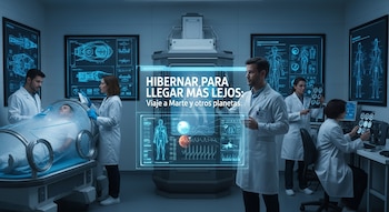 Cinco científicos en batas, un hombre en cápsula criogénica, pantallas holográficas con datos de anatomía y planetas, y diagramas técnicos en el laboratorio.