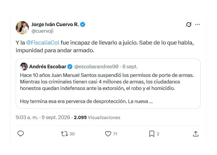 Con este mensaje en X, el exministro de Jorge Iván Cuervo reaccionó a lo dicho concejal Andrés Escobar, y cuestionó el apoyo del joven político al Decreto 1368 de 2026, que reglamenta el porte legal de armas - crédito @cuervoji/X