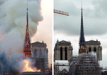 Una imagen combinada muestra humo y fuego en la aguja de la Catedral el 15 de abril de 2019 y una vista de la nueva aguja, coronada por el gallo y la cruz mientras continúan las obras de restauración el 30 de marzo de 2024 (REUTERS/Benoit Tessier y Gonzalo Fuentes)