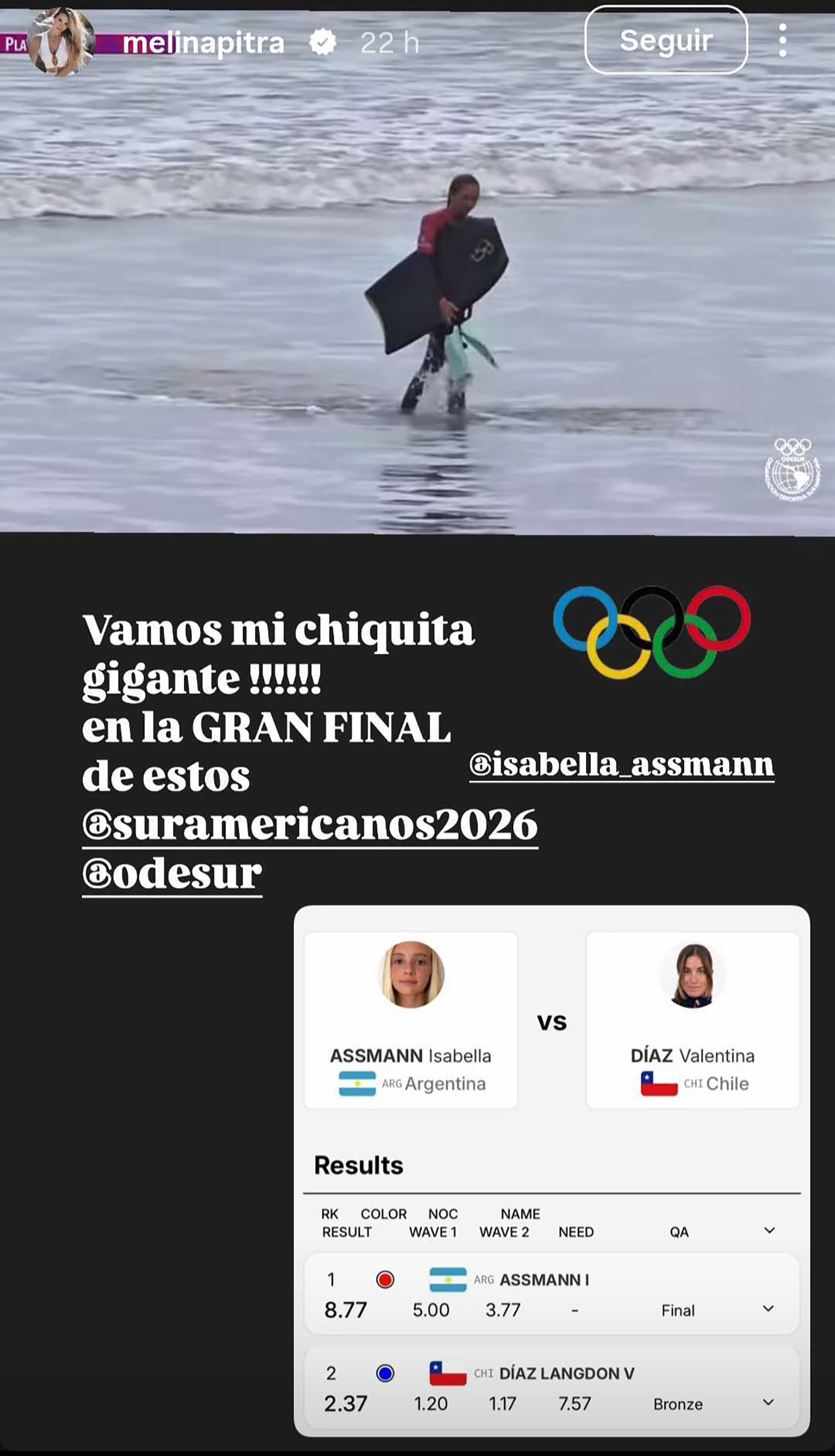 La deportista argentina Isabella Assmann avanza a la final tras superar a la chilena Valentina Díaz en una competencia de los Juegos Suramericanos.