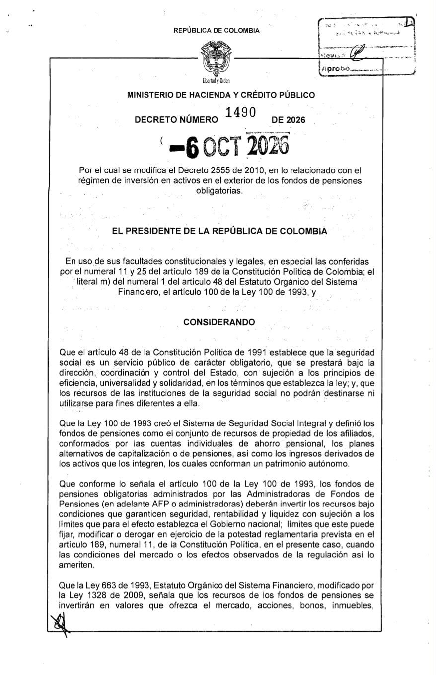 La nueva normativa deroga tres artículos del Decreto 2555 que fijaban restricciones a la exposición internacional del ahorro pensional - crédito Dapre