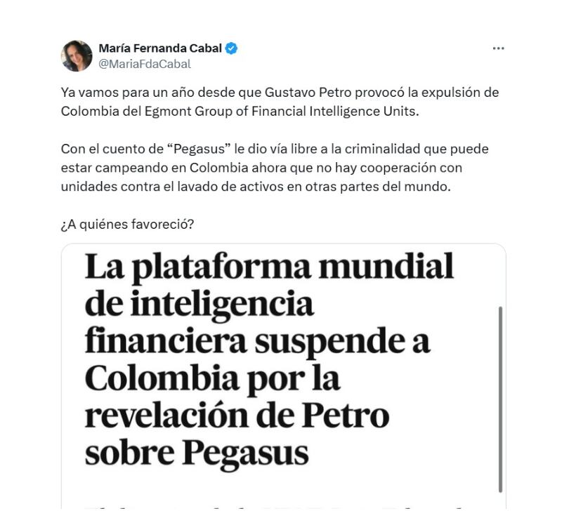 María Fernanda Cabal responsabiliza al presidente Gustavo Petro por la suspensión de Colombia del Grupo Egmont, tras revelar la adquisición del software Pegasus - crédito @MariaFdaCabal/X