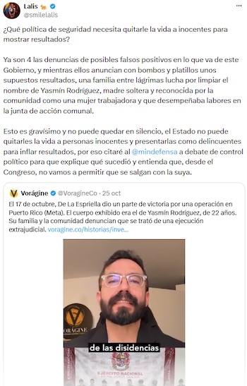 Lalis anunció un debate de control político al Ministerio de Defensa - crédito @smilelalis/X