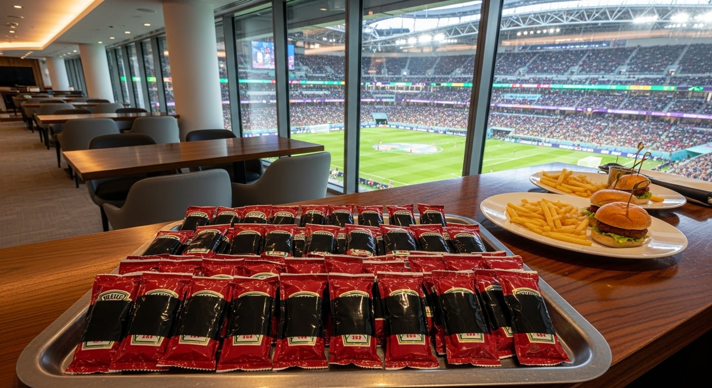 En un palco VIP de un estadio del Mundial 2026 en Estados Unidos, la FIFA ocultó las marcas de los envases individuales de kétchup. (Imagen Ilustrativa Infobae)