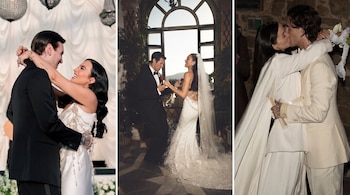 Tres fotografías de parejas en traje de novia y esmoquin que sonríen, bailan y se besan en salones de fiesta.