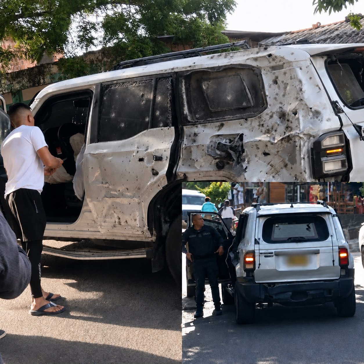 El blindaje del vehículo de la Policía Nacional evitó lesiones mayores durante el atentado, aunque la camioneta quedó con daños superiores al 80% - crédito X