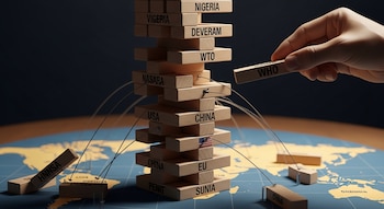 Torre de Jenga con bloques etiquetados con países y organizaciones sobre un mapa mundial, mano retira un bloque.