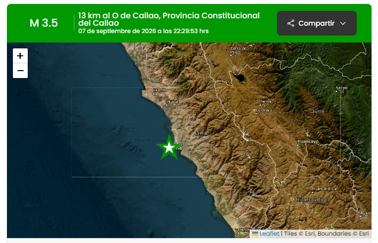 En este mapa se seala el epicentro de un temblor de magnitud 3,5 ubicado a 13 kilómetros al oeste de la provincia del Callao. (IGP)