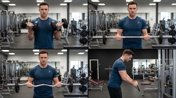 Cuatro imágenes de un hombre haciendo curl de bíceps: con mancuernas, barra, barra EZ y polea, en un gimnasio con máquinas al fondo.