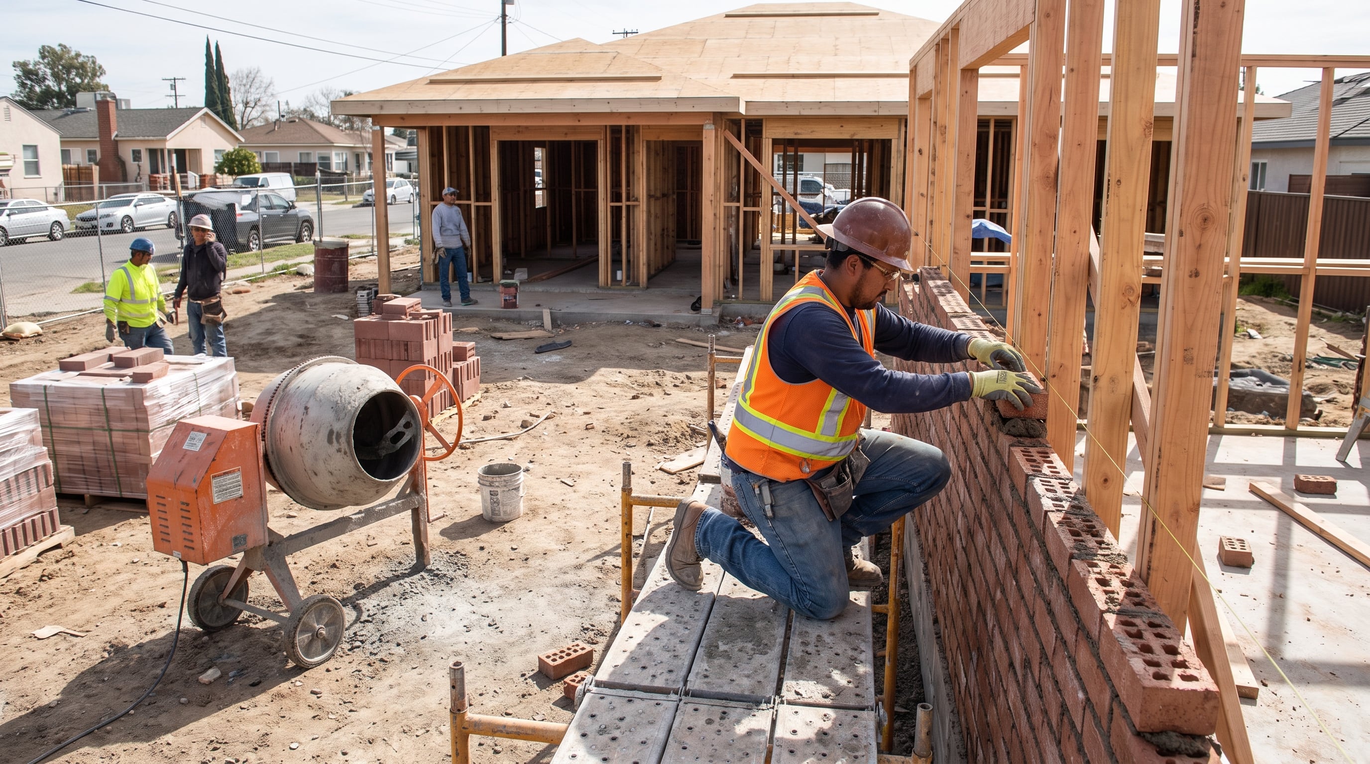 Un obrero instala ladrillos en la pared exterior de una vivienda en construcción, junto a otros trabajadores y materiales de obra. (Imagen Ilustrativa Infobae)