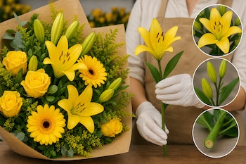 Un ramo de flores amarillas junto a manos con guantes blancos sosteniendo un lirio, con recuadros del tallo, los botones y la flor abierta.
