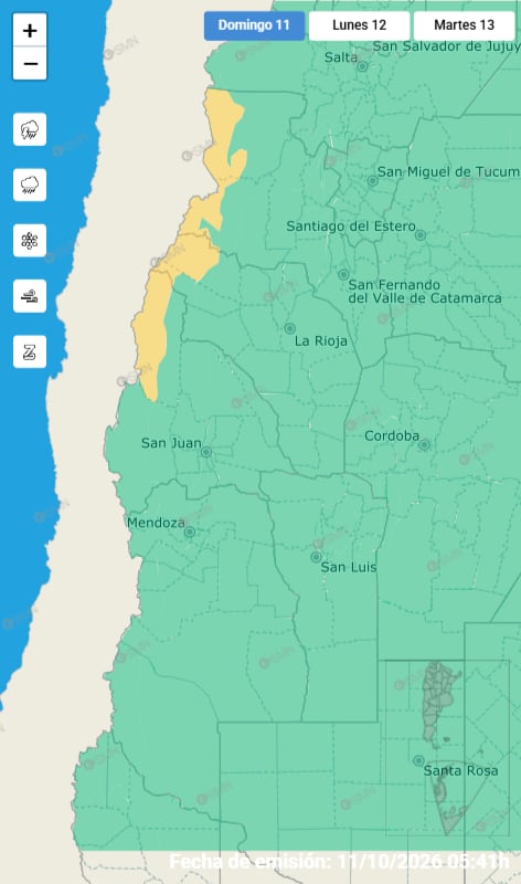 Un mapa del Servicio Meteorológico Nacional de Argentina delimita las áreas bajo alerta amarilla en la región cordillerana del noroeste del país para el domingo 11.