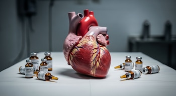 Modelo anatómico de un corazón humano rojo y rosado en una mesa blanca, rodeado por frascos pequeños de esteroides anabolizantes marrones.